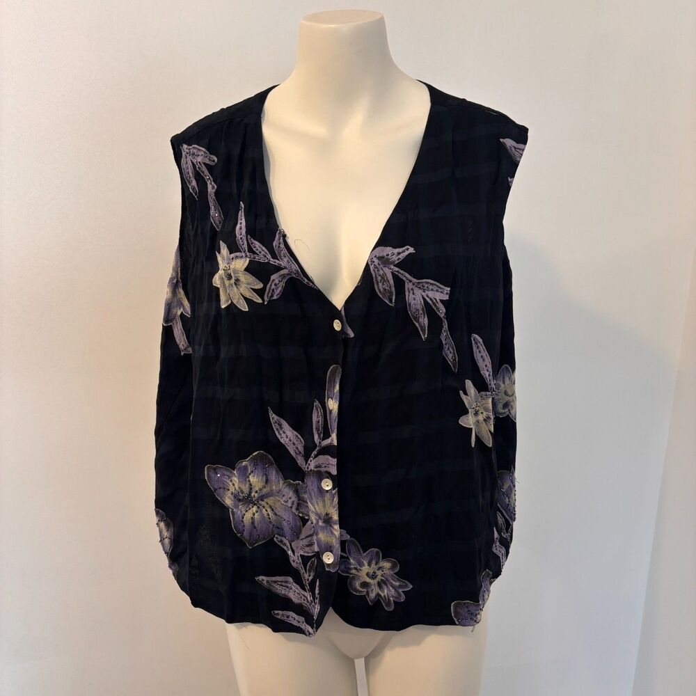 Amanda Smith size Large 100% Silk Boho Dark Floral 90s Lightweight 90s Vest